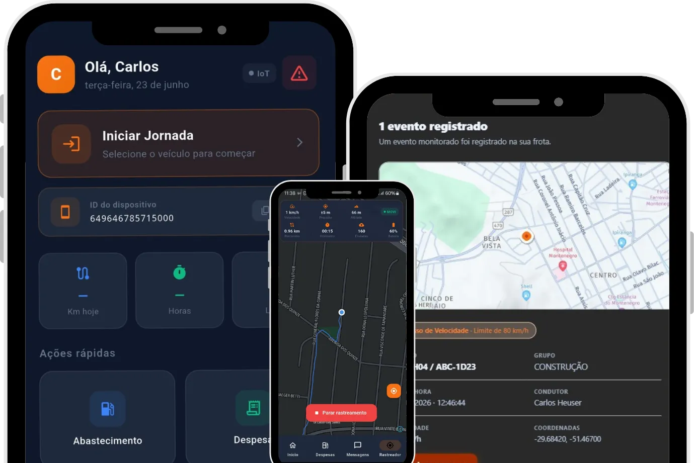 Aplicativo GPSSAT no celular: tela de início de jornada, alerta de evento registrado com mapa e o rastreamento ao vivo em andamento.
