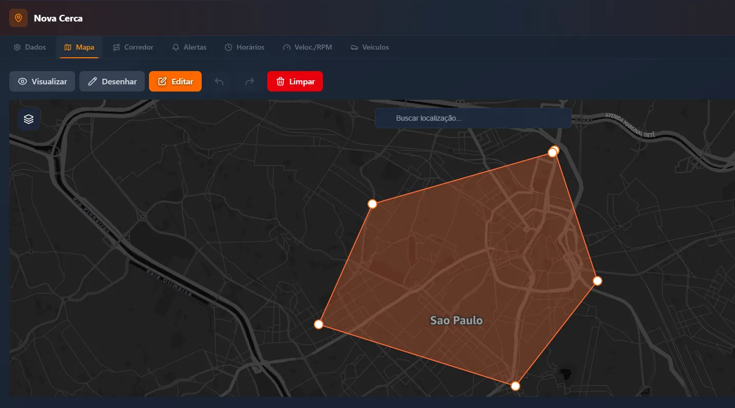 Editor de cerca eletrônica da GPSSAT desenhando uma área sobre o mapa.