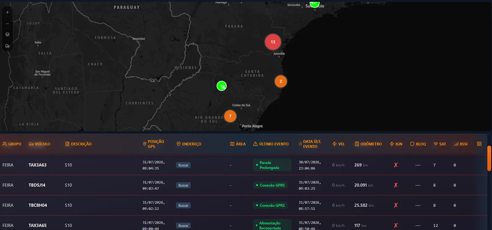Painel da plataforma GPSSAT com o mapa da frota e a grade de veículos em tempo real.